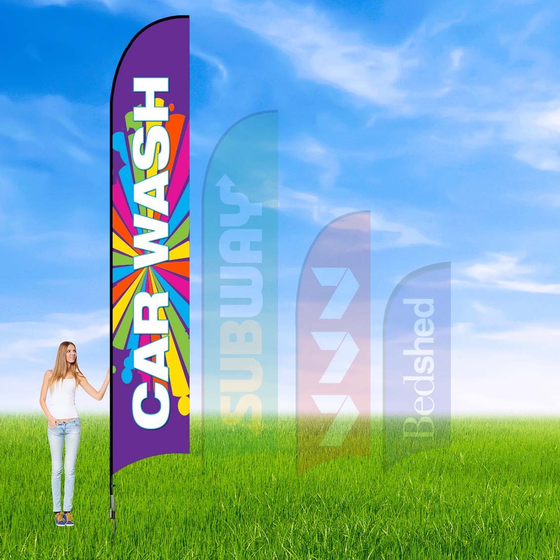 Promotional flags with vibrant logos for corporate branding