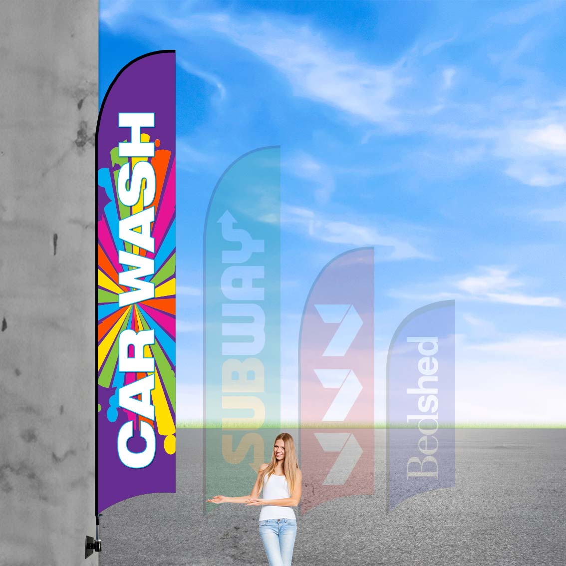 Outdoor feather banners with cross base for footpath use