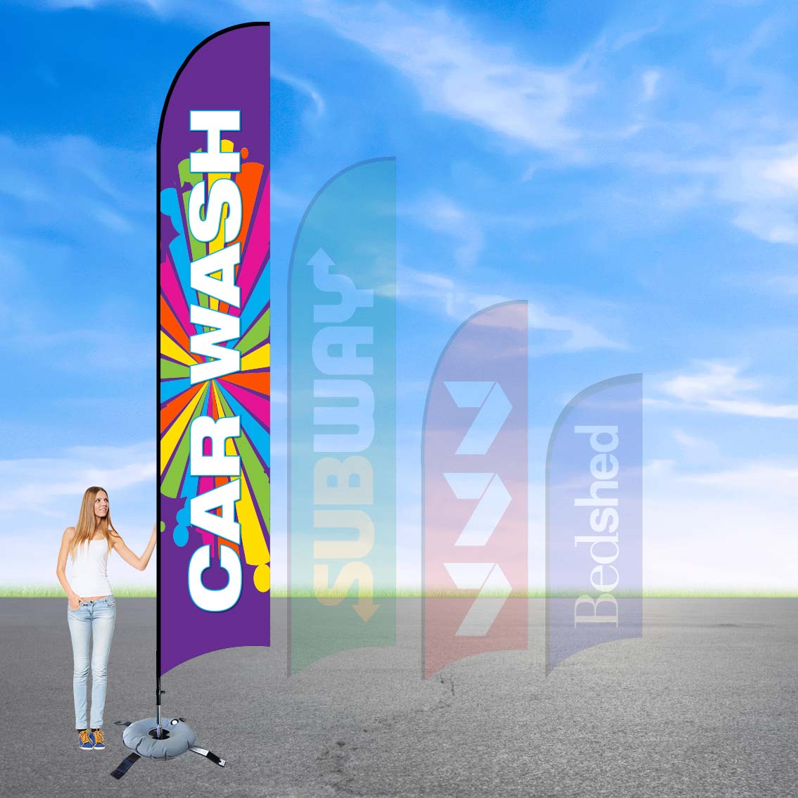Promotional feather banners for Australian trade fair displays