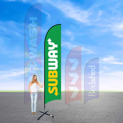 Feather banners with sturdy base for windy outdoor conditions