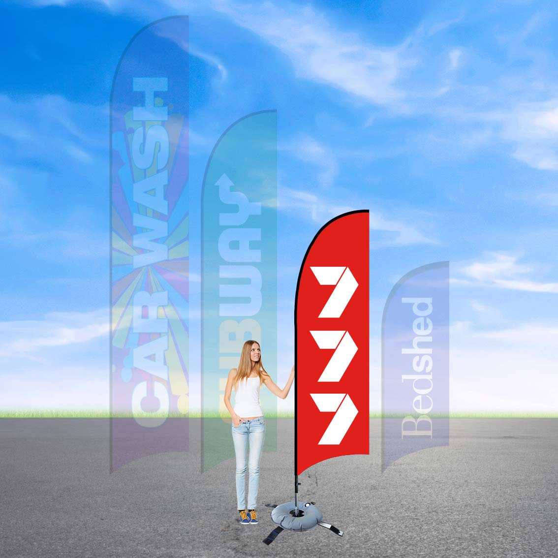 Double-sided feather banners with clear logos for street visibility