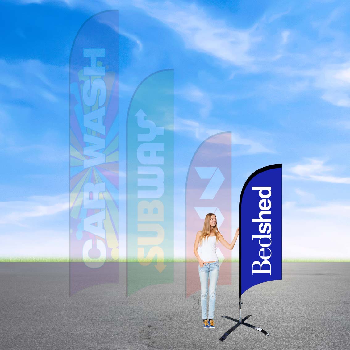 Indoor feather banners showcasing brand logo in a trade show